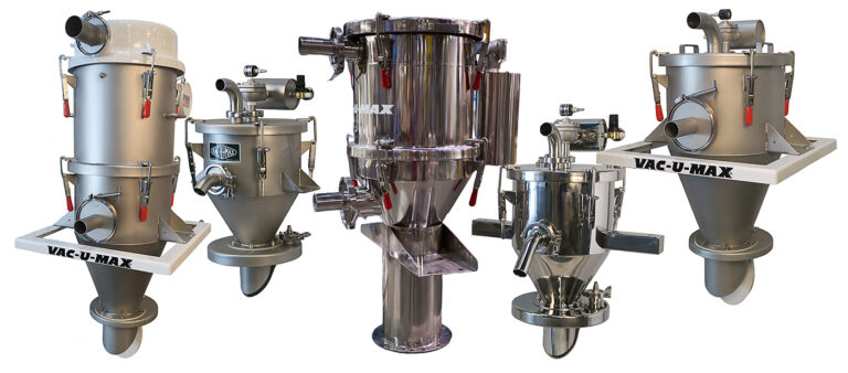 The VAC-U-MAX Signature Series™ Pre-Engineered vacuum conveyor lineup, featuring varied finishes, body designs, and discharge configurations, highlights how each conveyor can be tailored to meet specific material characteristics and process needs.
