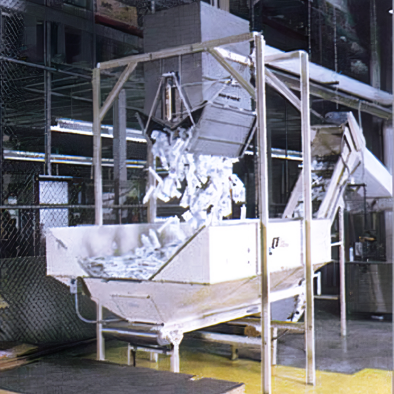 Bottles being discharged into a clamshell hopper at a filling station