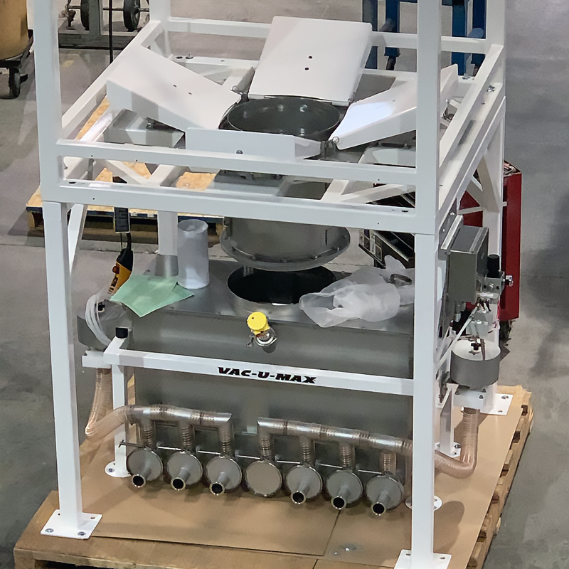 Convey system for salty snack producer, handling flaked salt from bulk bag unloader through seven-outlet feedbin